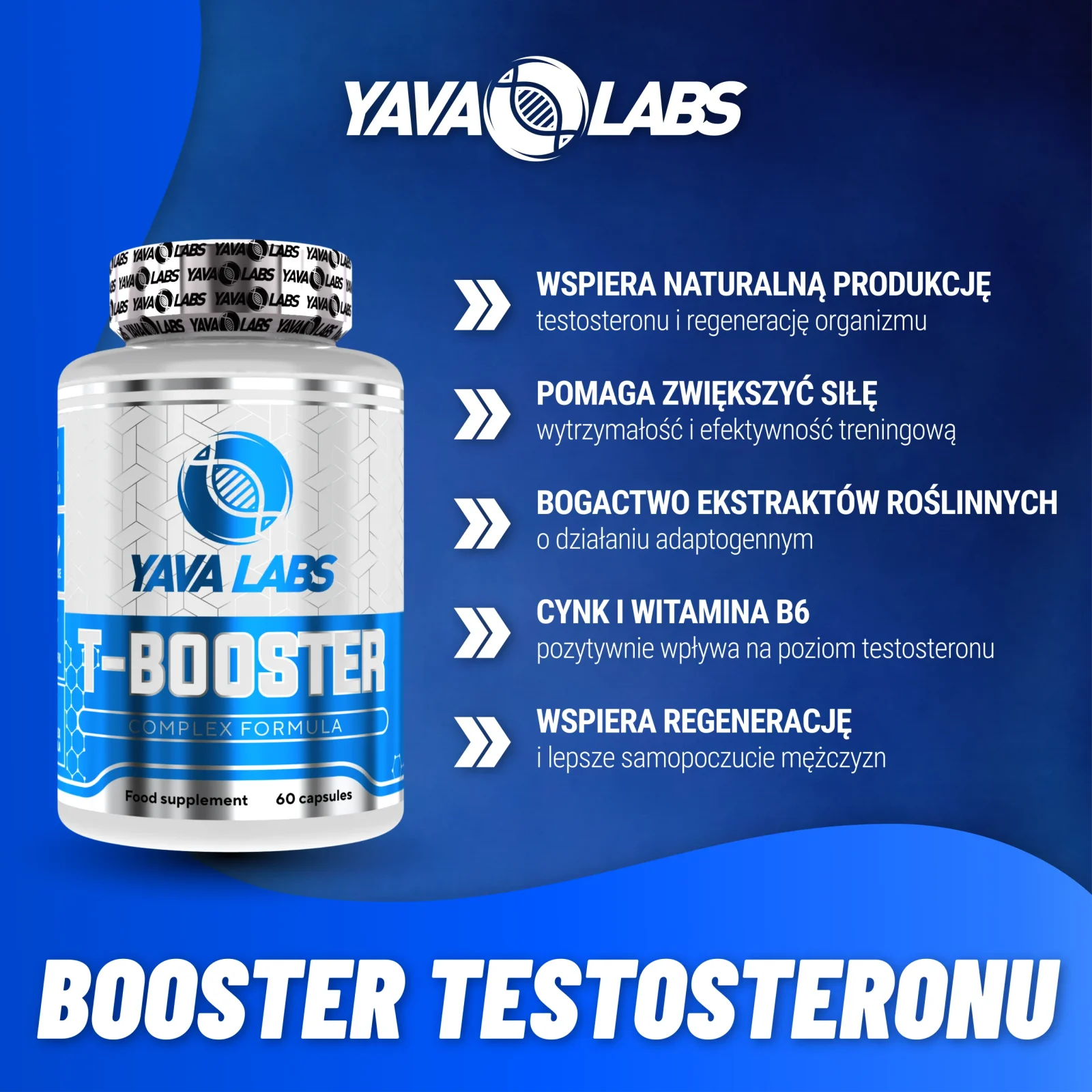 Booster testosteronu Yava Labs - grafika produktu z przedstawieniem zastosowania i głównych właściwości wspierających naturalną produkcję testosteronu, regenerację oraz witalność organizmu