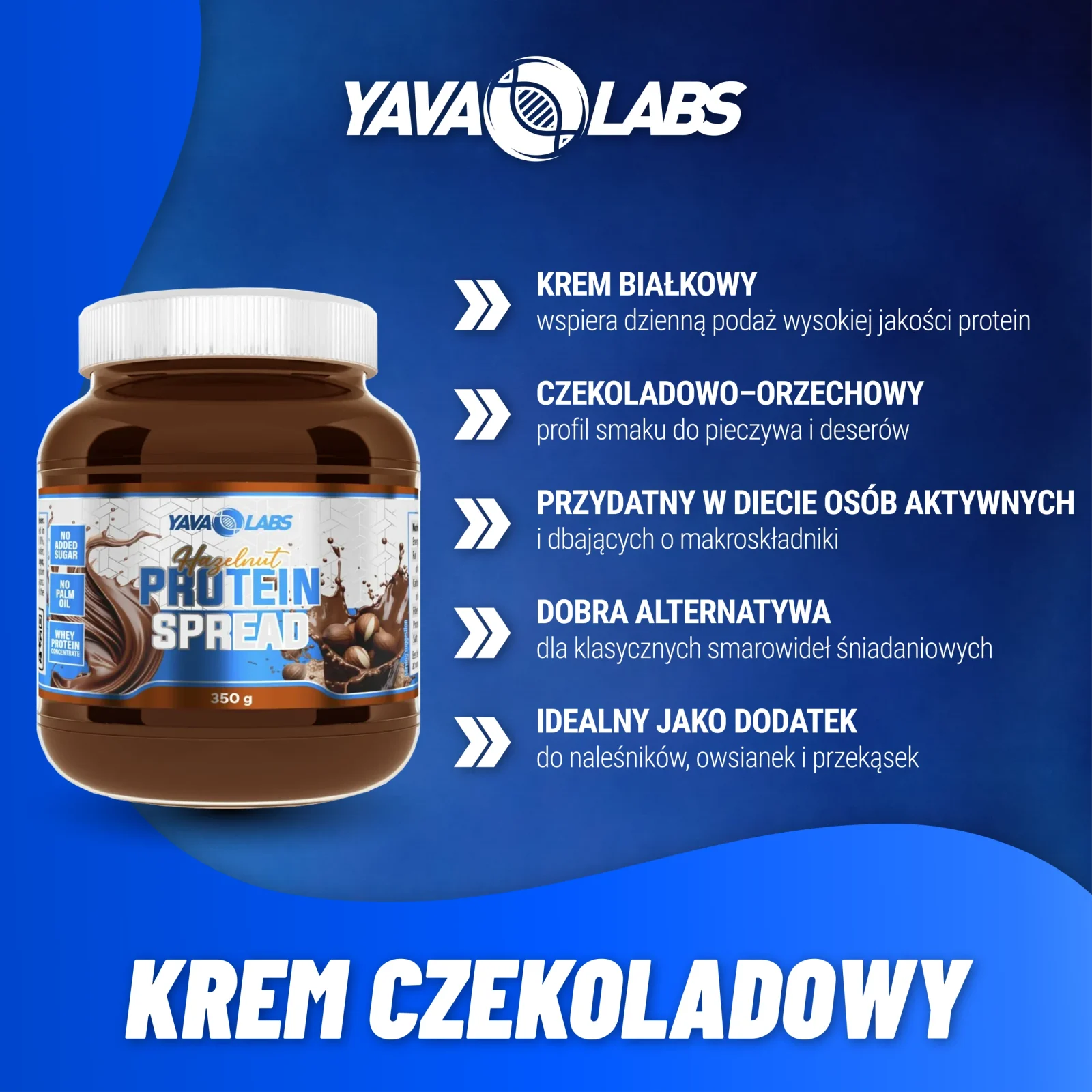 Krem czekoladowy Protein Spread Yava Labs - grafika produktu z przedstawieniem głównych zalet wysokobiałkowego kremu jako smacznego dodatku do diety aktywnej