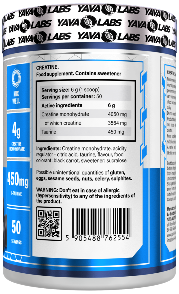 Kreatyna creatine monohydrate kreatyna z L-taurinei masa siła dla sportowców Yava labs 300g - obrazek 4