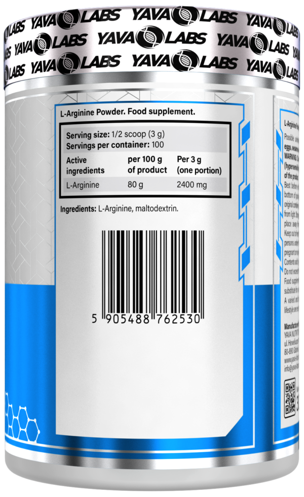 Przedtreningówka Arginina L-Arginine proszek aminokwasy siła bezsmakowa Yava Labs 300g - obrazek 2