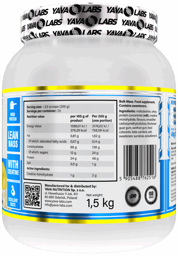 Gainer dla sportowców Bulk Mass Yava Labs 1,5kg – banan - obrazek 2
