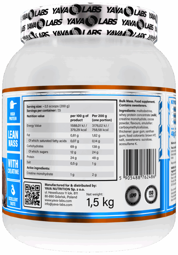 Gainer dla sportowców Bulk Mass Yava Labs 1,5kg – czekolada - obrazek 2