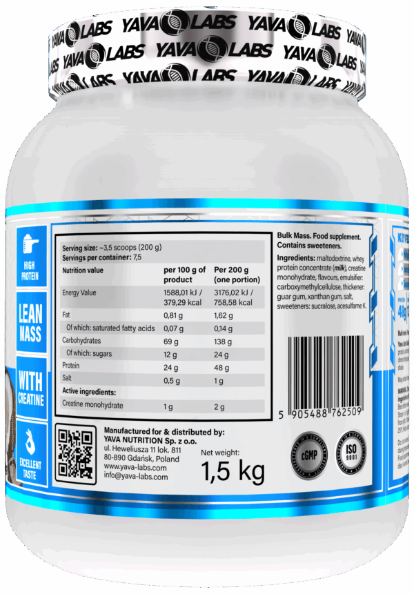 Gainer dla sportowców Bulk Mass Yava Labs 1,5kg – czekolada kokos - obrazek 2