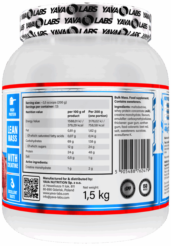 Gainer dla sportowców Bulk Mass Yava Labs 1,5kg – truskawka - obrazek 2