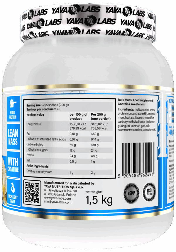 Gainer dla sportowców Bulk Mass Yava Labs 1,5kg – wanilia - obrazek 2