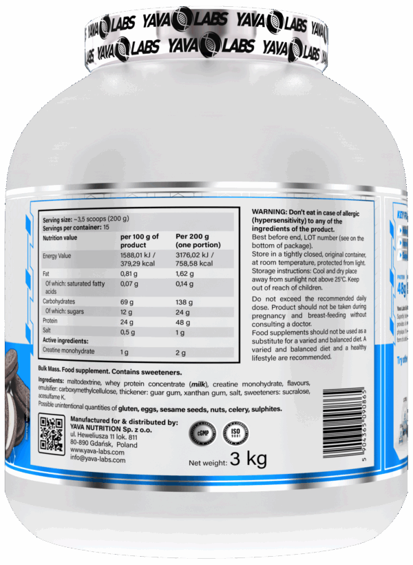 Gainer dla sportowców Breon Edition Bulk Mass Yava Labs 1,5kg – ciasteczka z kremem - obrazek 2