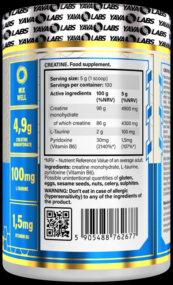 Yava Labs Creatine Pure 500g – Kreatyna Monohydrat + Tauryna + Witamina B6 – Siła, Wytrzymałość, Regeneracja , dla sportowców i nie tylko - obrazek 2