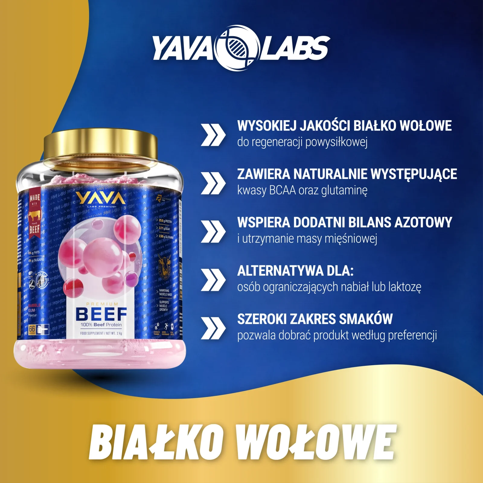 Białko wołowe Premium Yava Labs - grafika produktu z przedstawieniem zastosowania i właściwości wspierających suplementację białka