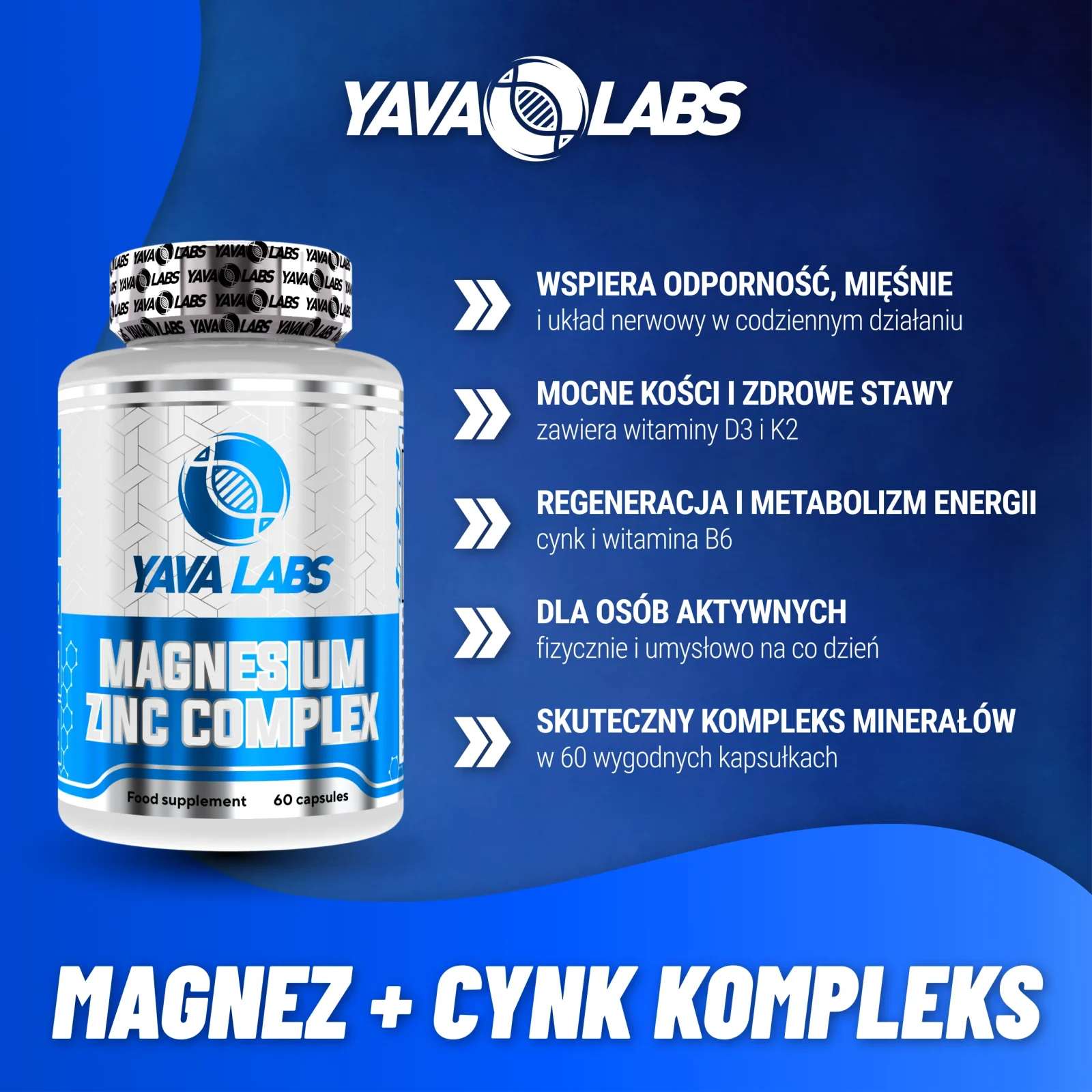 Magnez i Cynk Kompleks Yava Labs - grafika produktu z przedstawieniem zastosowania i właściwości wspierających układ nerwowy