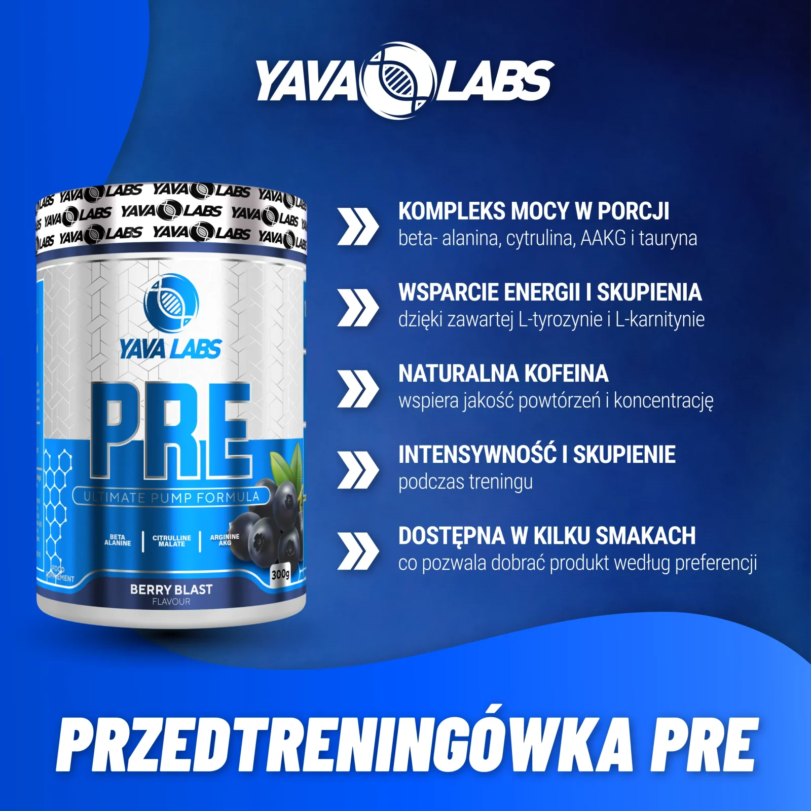 Przedtreningówka Pre Yava Labs - grafika produktu z przedstawieniem zastosowania i właściwości wspierających koncentrację i siłę