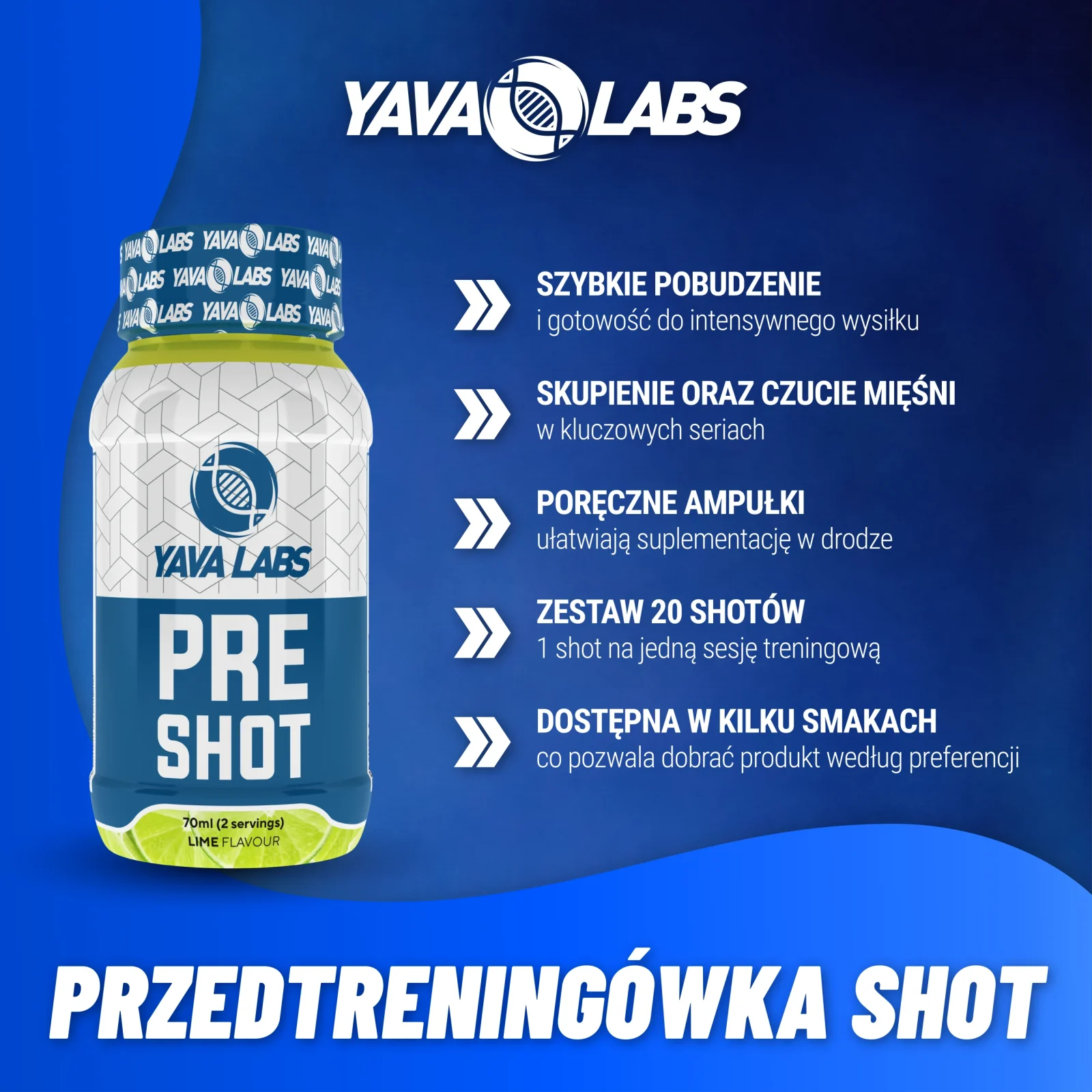Przedtreningówka Pre Shot Yava Labs - grafika produktu z przedstawieniem zastosowania i właściwości wspierających wydolność treningową