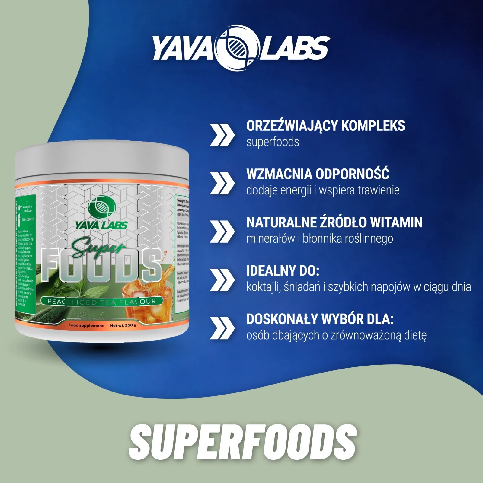 Superfoods Yava Labs - grafika produktu z przedstawieniem zastosowania i naturalnych właściwości wspierających organizm